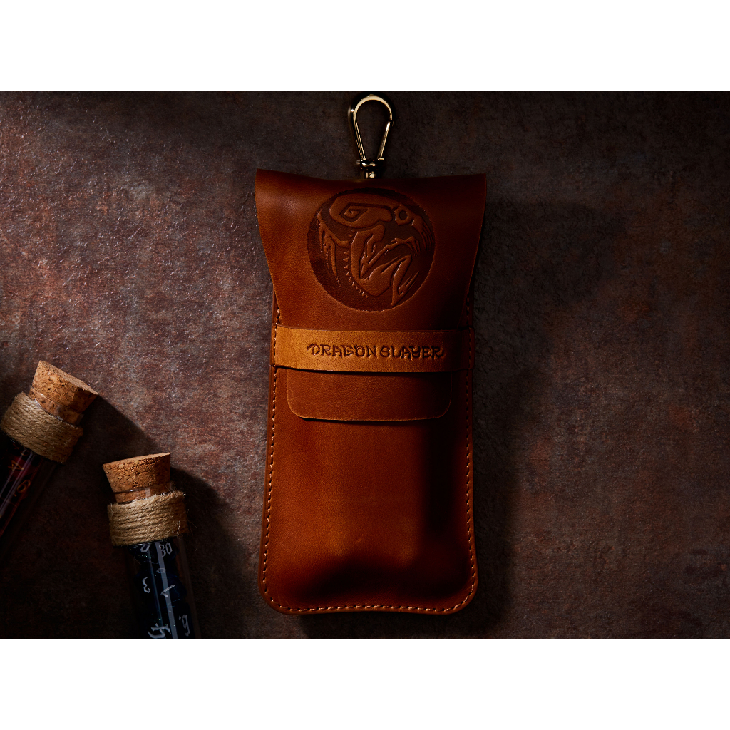 Cthulhu RPG Double Potion Bag | Large Dice Bag | Tan Leather Bag With Dice Potion Flask Set | Dice |