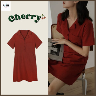 พร้อมส่ง🍫Cherry เดรส ชุดเดรส เดรสสีแดง เสื้อผ้าสไตล์เกาหลี เดรสแขนสั้น เดรสผูกเอว ชุดตรุษจีน