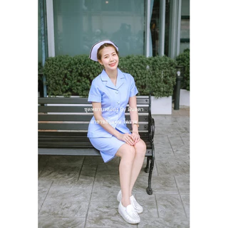 พร้อมส่ง**เฉพาะเสื้อ**คอเทเลอร์แหลมแขนสั้น ผ้าวาเลนติโน่ ขาวโอโม่ ชุดพยาบาลสำเร็จรูป ชุดพยาบาลร้านอ๋อง