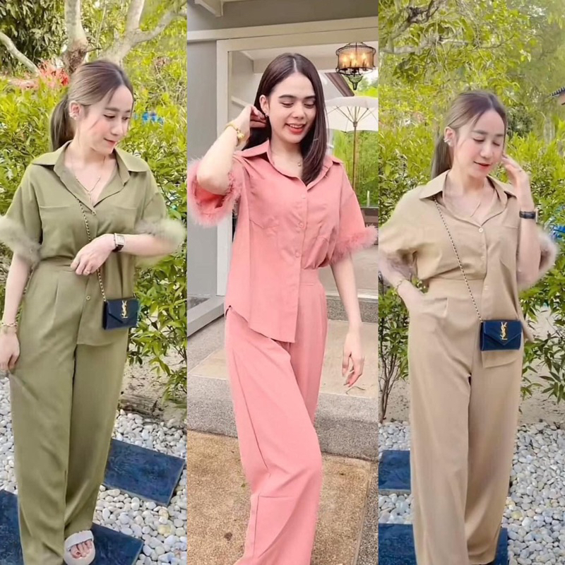 พร้อมส่ง ชุดเซ็ตขนมิ้งขายาว ชุดเซตขายาว+เสื้อขนมิ้ง ชุดเสื้อแขนสั้นกางเกงขายาว น่ารักมากจ้า