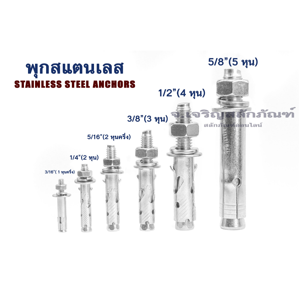 พุกสแตนเลส ขนาด  3/16" 1/4" 5/16" 3/8" 1/2" 5/8"  พลุ๊กสแตนเลส พุ๊ก พุกยึด Stainless Steel Anchor (แพ็คละ 1 ตัว)