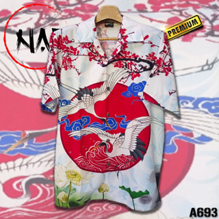 เสื้อฮาวาย นกกระเรียนดอกบัว A693 ผ้าไหมอิตาลีแท้