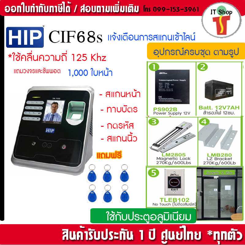 HIP CMiF68S สแกนหน้า นิ้ว ทาบบัตรเปิดประตู เก็บบันทึกเวลา ส่งเข้า Line พร้อมชุดกลอนสำหรับประตูกรอบอลูมิเนียม