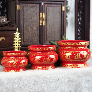 (ลายใหม่) กระถางธูปสีแดงสด ลายเจียใช้เดินเส้นทองทั้งใบ หนา เซรามิคเกรดA มีขนาด 4 / 5 /6 / 7 นิ้ว