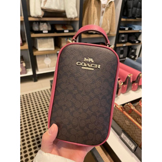 พร้อมส่ง แท้ 🇺🇸💯% New Coach EVA PHONE CROSSBODY IN COLORBLOCK SIGNATURE CANVAS (COACH CF368) IM/BROWN/PINK