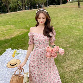 ชุดเดรสลายดอกงานเกาหลีผ้าสวยน่ารัก