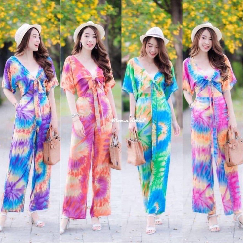 🌴ซัมเมอร์🌈 เสื้อมัดย้อมผูกโบว์ด้านหน้า+กางเกงขายาว