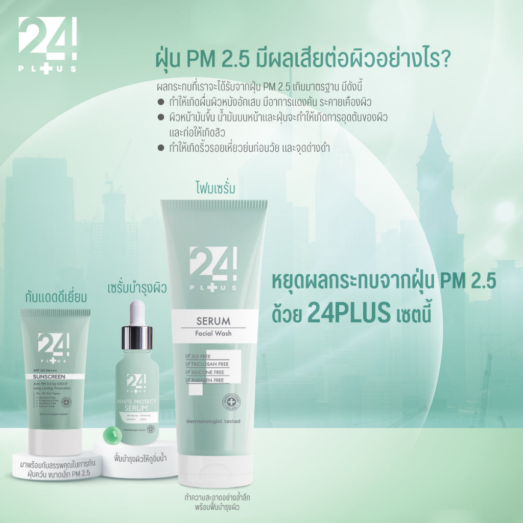 24PLUS โฟมล้างหน้า+เซรั่มบำรุงผิวหน้า+ครีมกันเเดด ผลิตภัณฑ์นำเข้าจากไทย ส่วนผสมจากประเทศอื่น คุณภาพร
