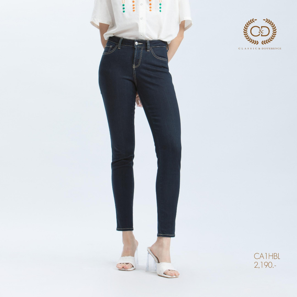 C&D กางเกงยีนส์ กางเกงผู้หญิงJeans ขายาวทรงสกินนี่ สีเข้มเย็บด้วยด้ายสีครีม เนื้อผ้าคอตตอน ซีแอนด์ดี