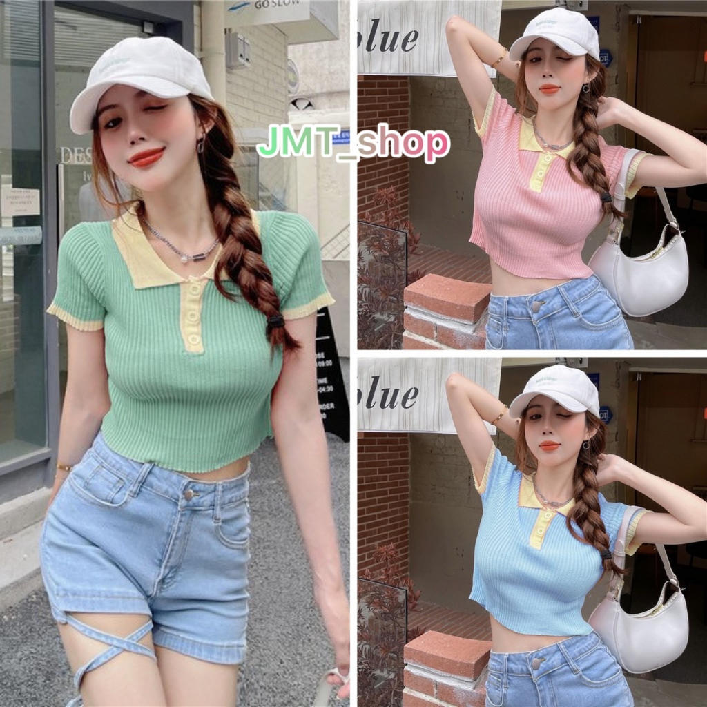 🚀JMT_shop 🚀เสื้อครอปแขนสั้นคอปกผ้าไหมพรม ดีเทลกระดุม สีหวานโทนพาสเทล สไตล์เกาหลี สวยๆ สับๆ 🥰