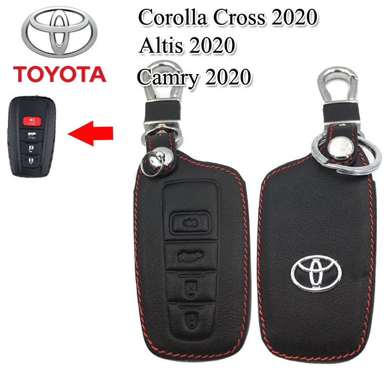 ปลอกกุญแจรถยนต์โตโยต้า Toyota Cross/Camry/Altis ปี 2020 เคสหนังแท้หุ้มรีโมทกันรอย ซองหนังแท้ใส่กุญแจกันกระแทกสีดำด้ายแดง