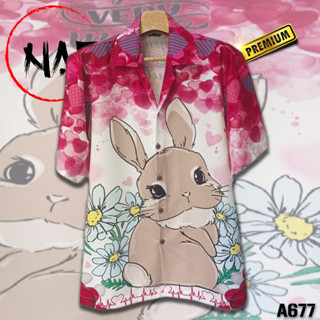 เสื้อฮาวาย กระต่ายดอกไม้หัวใจ A677 ผ้าไหมอิตาลี