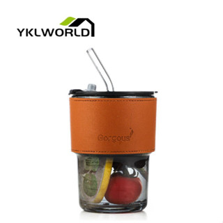 YKLWORLD ส่งไว แก้วกาแฟ พร้อมหลอดแก้วสีใส มีที่จับกันความร้อน