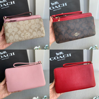 🎀 (สด-ผ่อน) คล้องมือ 2L 2ชั้น 2zip SizeL น้ำตาลเข้มลายซีแดง COACH C5576 DOUBLE ZIP WALLET