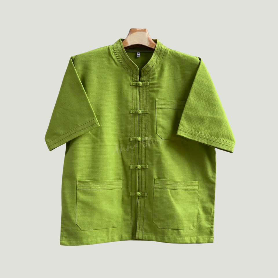 เสื้อคอจีนผ้าฝ้ายชินมัย ไทยองแขนสั้น เดินเส้นแนวล้านนา โบราณ งานประยุกต์สมัยใหม่ โดดเด่นมีเอกลักษณ์ สวมใส่สบาย