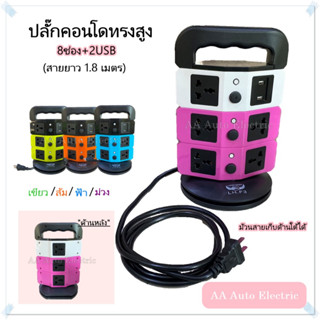 ปลั๊กไฟคอนโด 8 ช่อง + 2USB (มี4สี) สายไฟสามารถเก็บใต้ฐานได้ สายยาว 1.8 เมตร