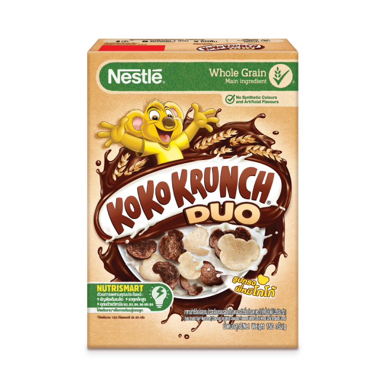 Koko Krunch Duo เนสท์เล่ โกโก้ครั้นช์ ดูโอ้ อาหารเช้า ซีเรียล โฮลเกรน ข้าวสาลีอบกรอบรสช็อกโกแลตและไวท์ช็อกโกแลต 150 กรัม