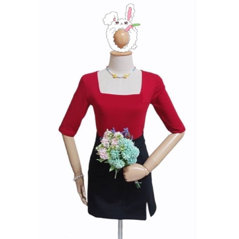 เสื้อแบรนด์ La Dress คอเหลี่ยม แขนสามส่วน สีแดง ส่งฟรี ไม่ใช้โค้ด