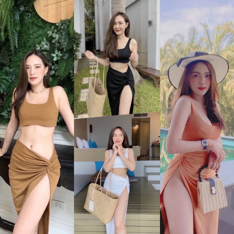SpinnyHouse ชุดเช็ต 2ชิ้น แซ่บเวอร์ เสื้อคอเหลี่ยมกล้าม + กระโปรงแหวกข้าง ใส่แล้วเซ็กซี่มากๆ รุ่น K989 Q102A