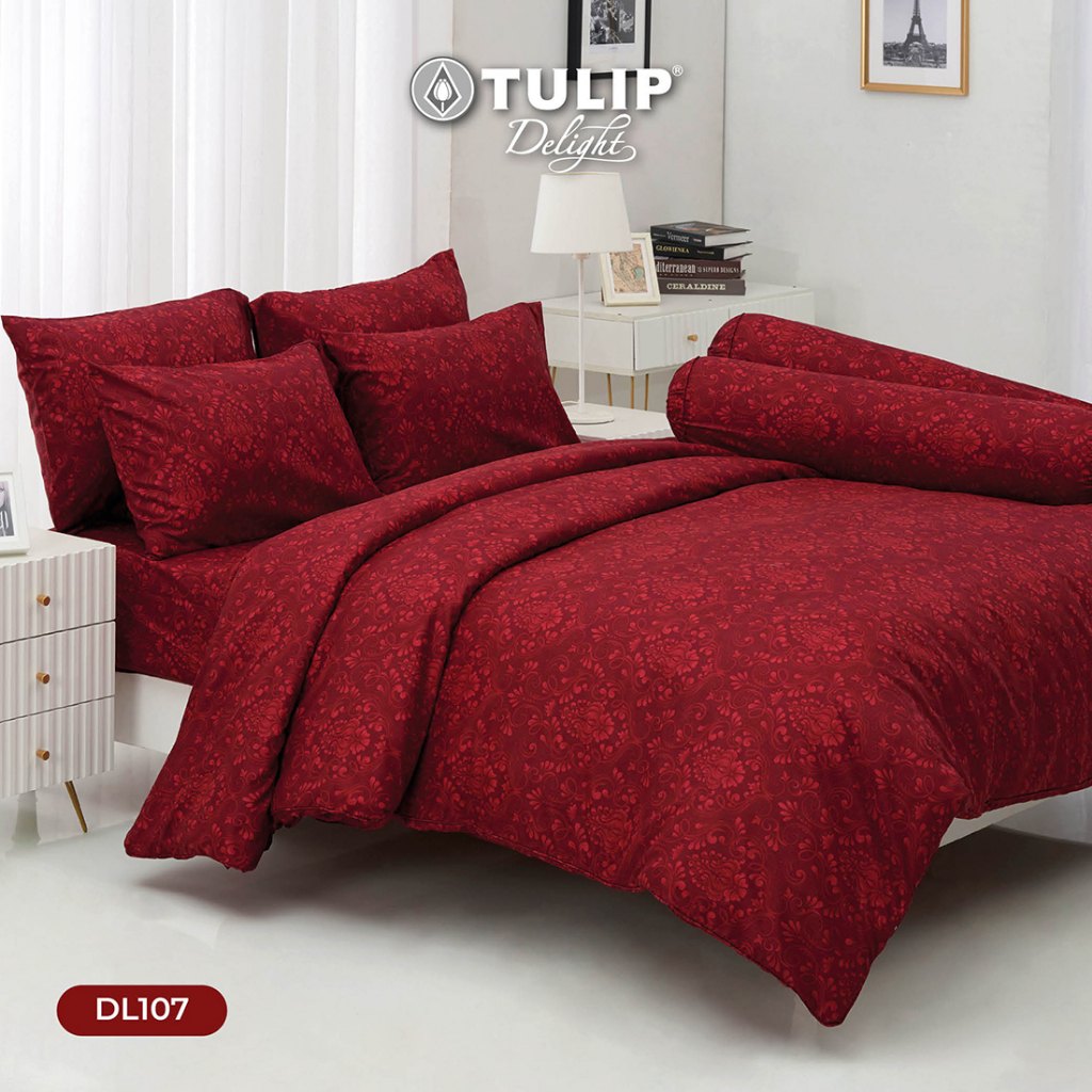 TULIP Delight พิมพ์ลาย DL107 โทนสีแดง ชุดผ้าปูที่นอน ผ้าปูที่นอน ผ้าห่มนวม พิมพ์ลายสวยงาม สัมผัสนุ่ม