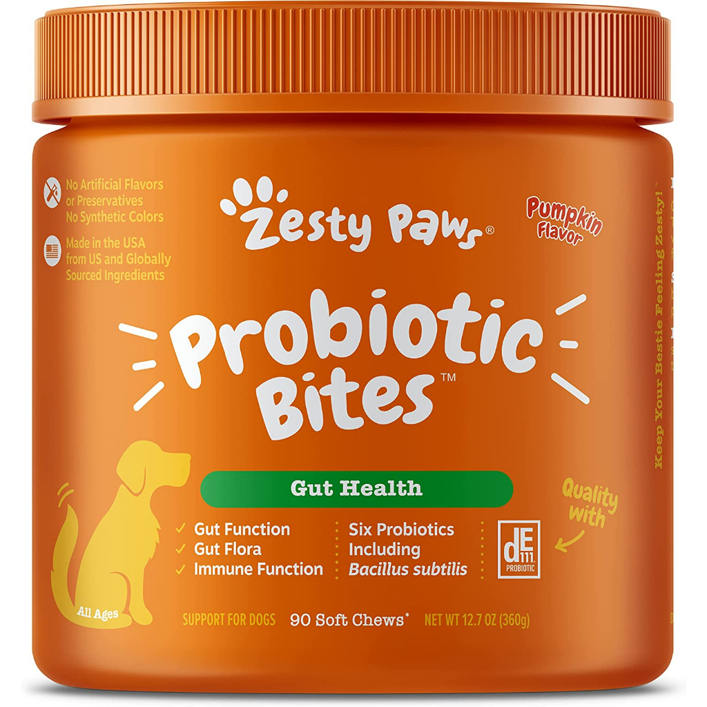 Zesty Paws Probiotic Bites for Dogs, Gut Health, 90 Soft Chews All Ages, Pumpkin