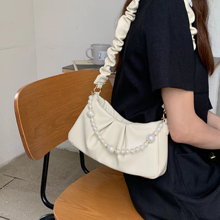 กระเป๋าสะพายไหล่ แต่งจับจีบ ประดับไข่มุก สีขาว สไตล์เกาหลี สําหรับผู้หญิง