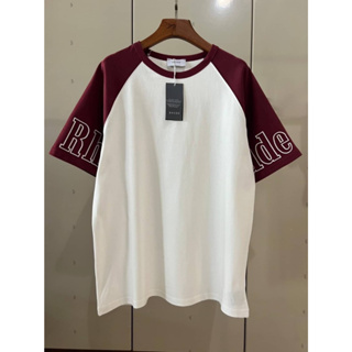 RHUDE LOGO EMBROIDERED SLEEVE TWO-TONE COTTON T-SHIRT เสื้อยืดคอกลมแขนสั้น