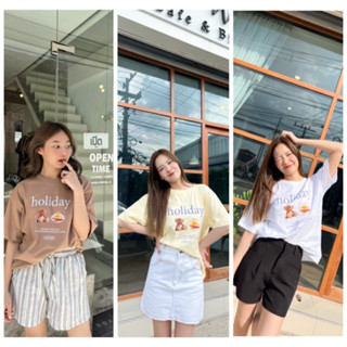 “ holiday “ 🐻💞✨  เสื้อยืดทรง oversize ผ้า cotton 100% ใส่นุ่มสบายมากก สกรีนระบบ dtf อย่างดีเลยน้า 🌟Size : อก 34-42 ยาว27