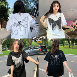 Sweet เสื้อยืด เกาหลี สไตล์สายชิวล์ สกีนลายโบว์หน้าหลัง งานสวย แขนสั้นแฟชั่น ผ้าเด้ง J-777