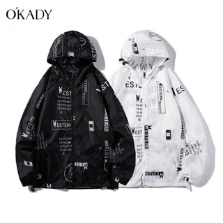 OKADY เสื้อคลุมแขนยาว สไตล์เกาหลี กันแดด กันลม มีฮู้ด แต่งแถบด้านข้าง