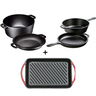 Pre-seasoned Cast Iron เตาอบดัตช์คู่พร้อมที่จับแหวน, กระทะเหล็กหล่อ 2 ใน 1 กระทะเหล็กหล่ออเนกประสงค์สำหรับการเหนี่ยวนำไฟ