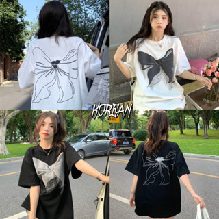 Korean เสื้อยืด เกาหลี สไตล์สายชิวล์ สกีนลายโบว์หน้าหลัง งานสวย แขนสั้นแฟชั่น ผ้าเด้ง J-777