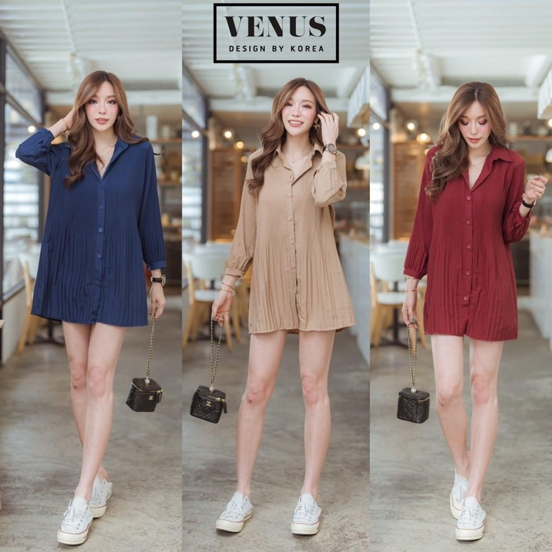 mini dress shirt มินิเดรสเชิ๊ต แต่งกระดุมหน้า เดรสอัดพลีท ชุดสั้นแขนยาว