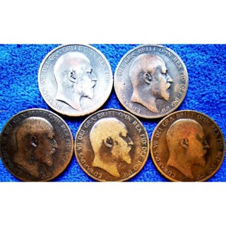 เหรียญ​อังกฤษ​อายุ​100​กว่า​ปี​ UK, 1​ Penny, (Edward เรียงปีจูงมือกันมา5เหรียญ), #​718T, ใช้แล้ว​