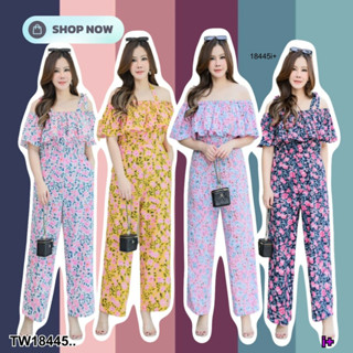 ME18445 Jumpsuit #สาวอวบ จั้มสูทระบายอก มีสายผูกไหล่ สม็อกเอว ขายาวทรงกระบอก เนื้อผ้า 100D พิมพ์ลาย ใส่สบาย ทรงน่ารัก สา