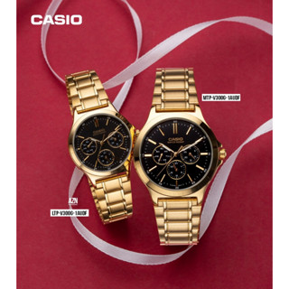 นาฬิกาคู่รัก Casio รุ่น MTP-V300G-1Aและ LTP-V300G-1A สายแสตนเลสสีทอง หน้าปัดดำ - มั่นใจ ของแท้ 100% รับประกันสินค้า 1 ปี