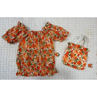 🌺 เซ็ตเสื้อลายดอกแขนตุ๊กตา+กระเป๋า หิ้ว,รูด ขนาด 10x8.5x4 นิ้ว 🌺