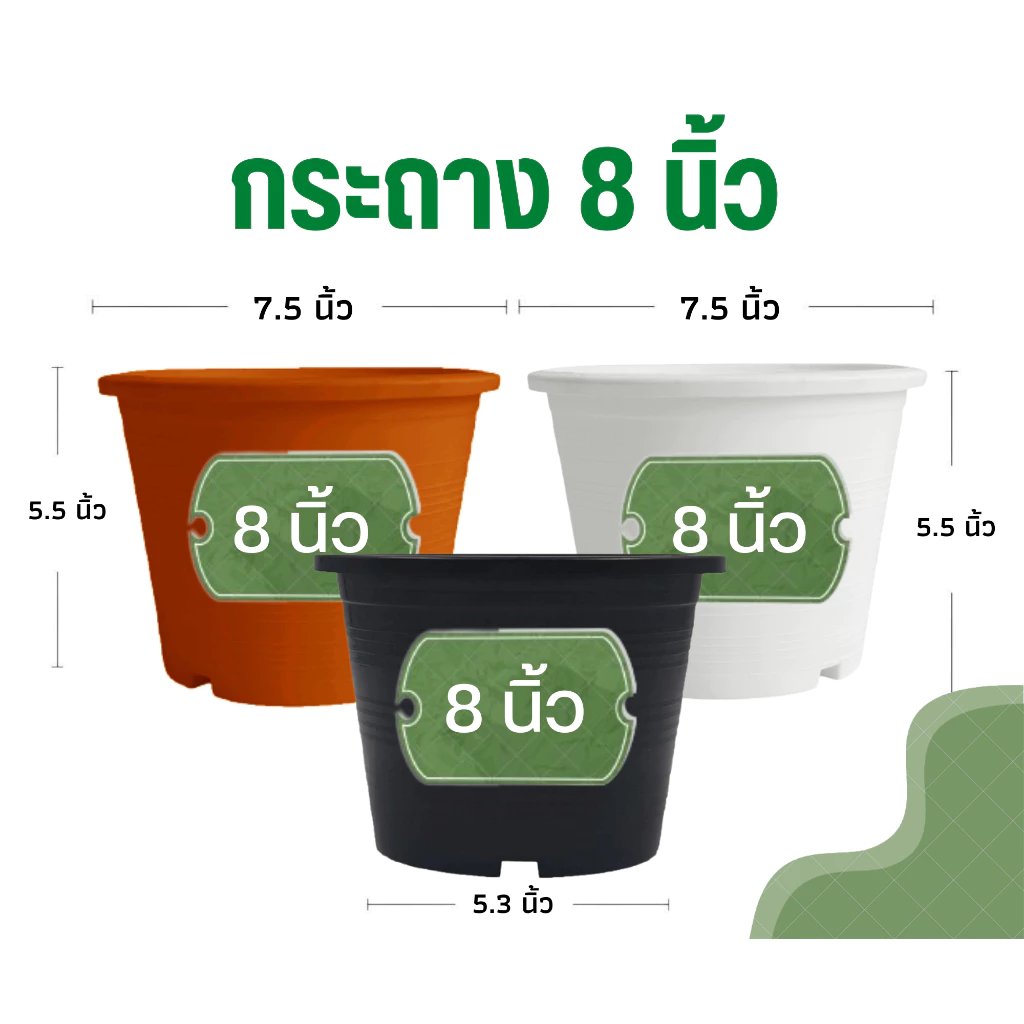 กระถางต้นไม้ 8 นิ้ว กระถางพลาสติก กระถางต้นไม้พลาสติก สีดำเงา สีขาว สีอิฐ (รุ่นหนา)