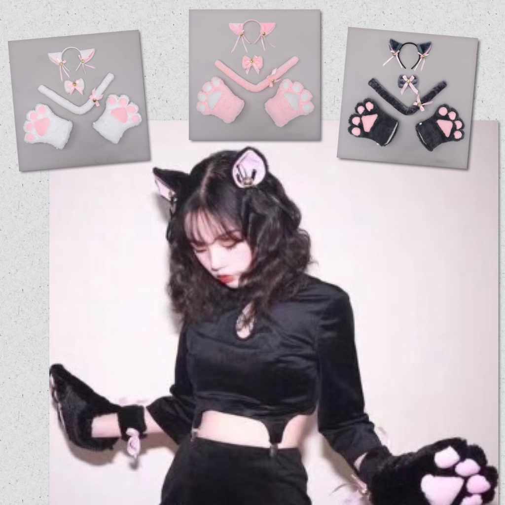 ถุงมือแมว ชุด 5 ชิ้น คอสเพลย์แมว หูแมว หางแมว อุ้งมือแมว น่ารัก