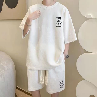 เสื้อยืดสูทผู้ชาย + กางเกงขาสั้นทรงหลวมขนาดใหญ่ชุดลำลอง 2 ชิ้น