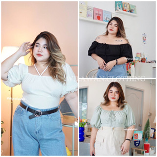 plus size ครอปพลอยใสแขนตุ๊กตา สำหรับสาวอวบ สมอคหลัง เชือกมินิโบว์กลางอกผูกได้2แบบ ผ้าฝ้าย