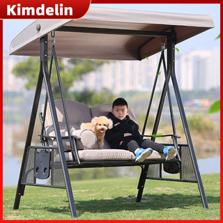 KIMDELIN 3-Seat Outdoor Patio Porch Swing พร้อมโครงเหล็กทนต่อสภาพอากาศหลังคาเอียงปรับได้หมอนอิงและหมอนรวมอยู่ด้วย