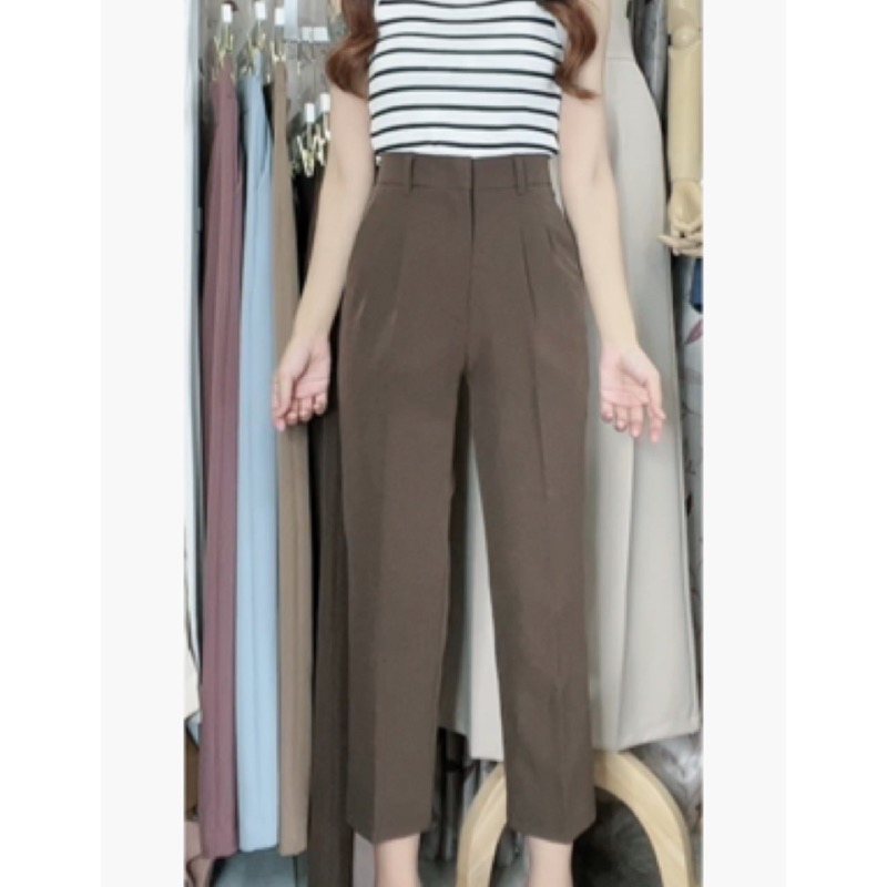 กางเกงตะขอหน้า ทรงบอย 7 ส่วน เอวสูง พรางหุ่น Basic Boy