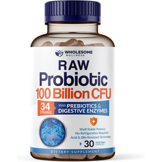 [ของแท้ 100%] WHOLESOME WELLNESS RAW PROBIOTIC 100 BILLION CFU 34 STRAINS WITH PREBIOTICS 30 VEGETABLE CAPSULES