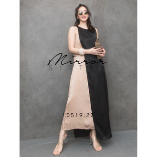 🔖MirrorSister เดรสออกงาน Dhoti Contrast Color Loose Satin Maxi dress เดรส แขนกุด คอกลม ทรง Basic ผ้าซาติน เนื้อดี สี สวย