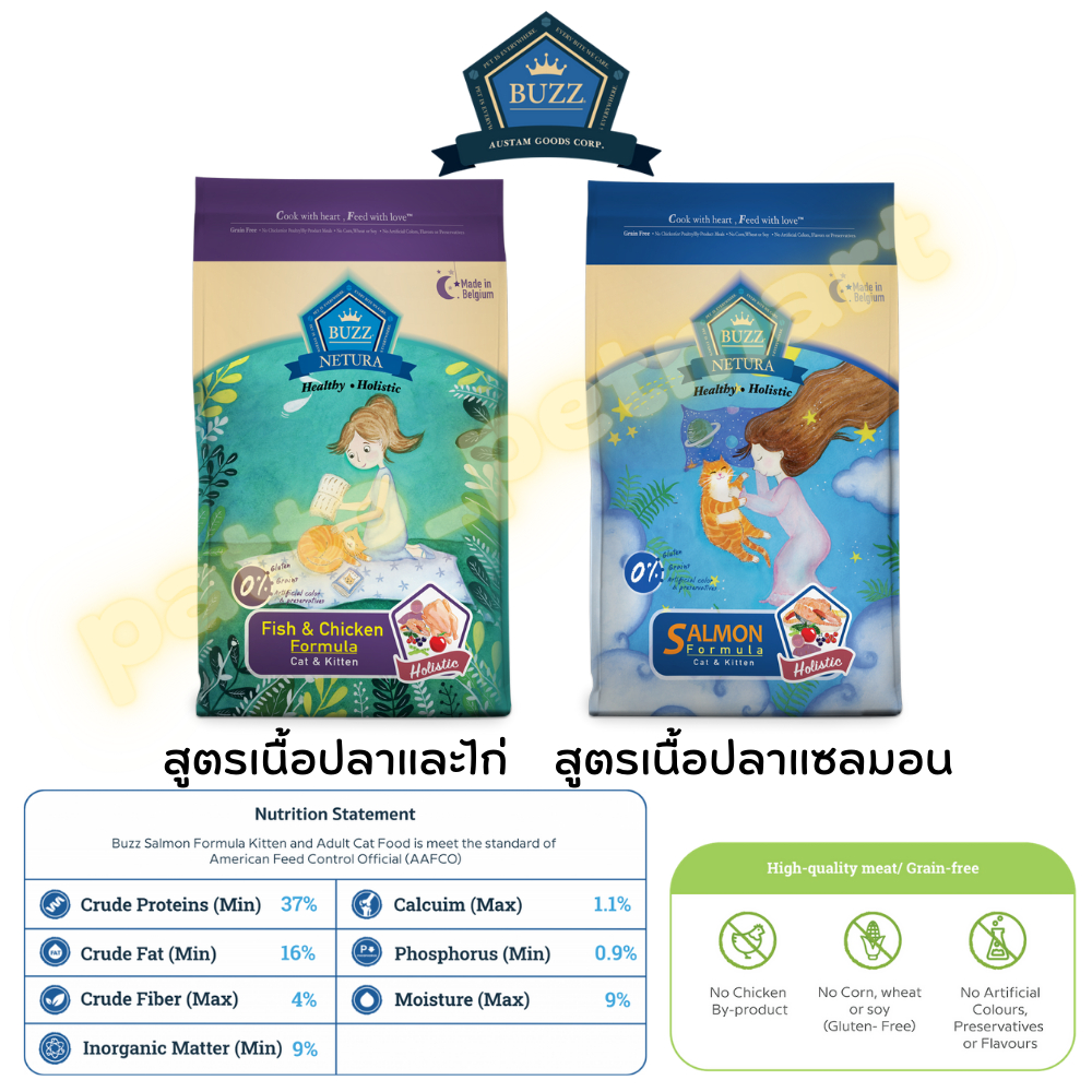 Buzz Netura บัซซ์ อาหารแมวสูตรโฮลิสติก-เกรนฟรี สำหรับแมวทุกช่วงวัย ขนาด 1 kg.และ 4 kg.(ซิ้อ1ถุงแถมเทสเตอร์50g.)