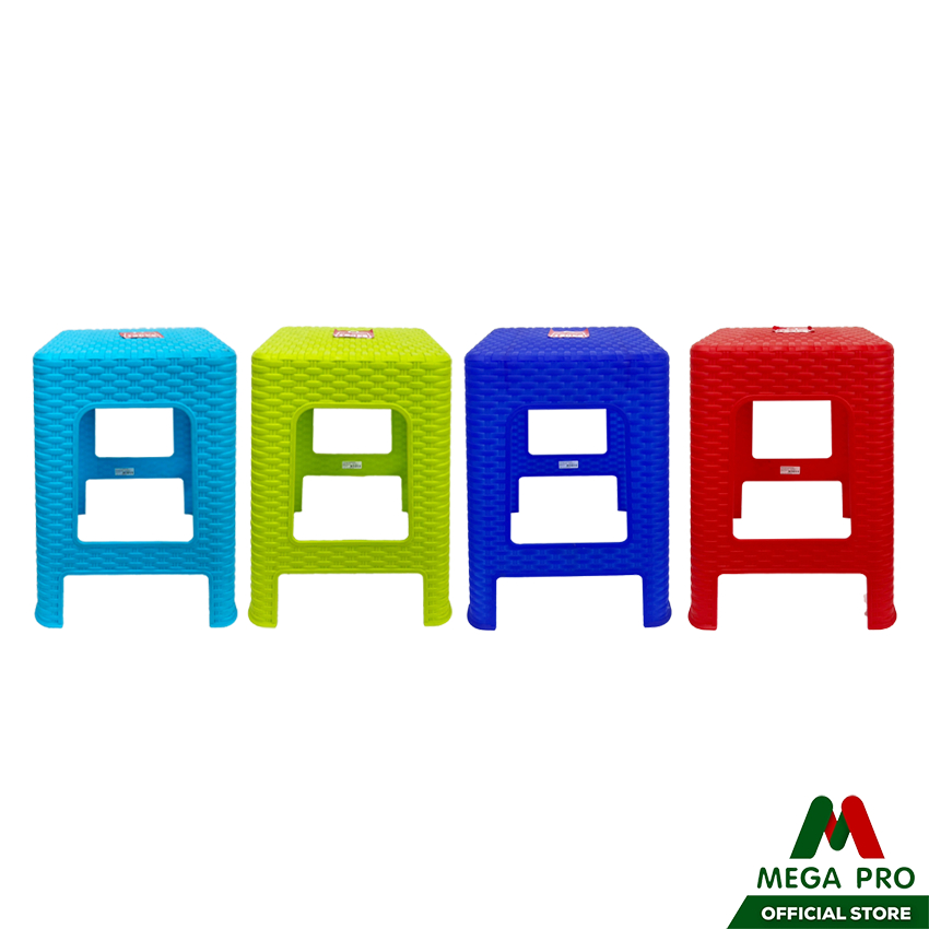 Megapro - เก้าอี้พลาสติกลายหวาย สีแดง น้ำเงิน ฟ้า เขียว เก้าอี้เหลี่ยมหัวกลม ขนาด 28x34x45 ซม.