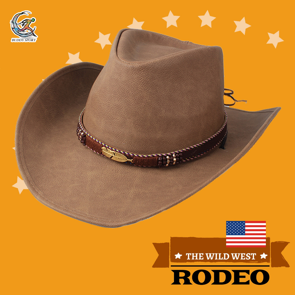05X9 หมวก Cowboy หนังกลับสุดคลาสสิค ทรงวินเทจ มีสายรัดคาง ทำจากหนังเทียมเกรดพรีเมี่ยม แข็งแรง ทนทาน