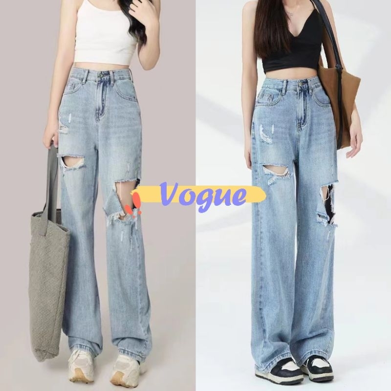 Vogue🌟พร้อมส่ง🌟 กางเกงยีนส์ เอวสูง ทรงกระบอก ดีเทลลอยขาดเท่ๆ (8832) -NZ