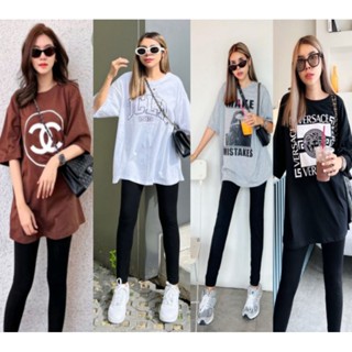 เซทเสื้อยืดoversize สกรีนลาย+เลคกิ้งขายาวพร้อมส่ง